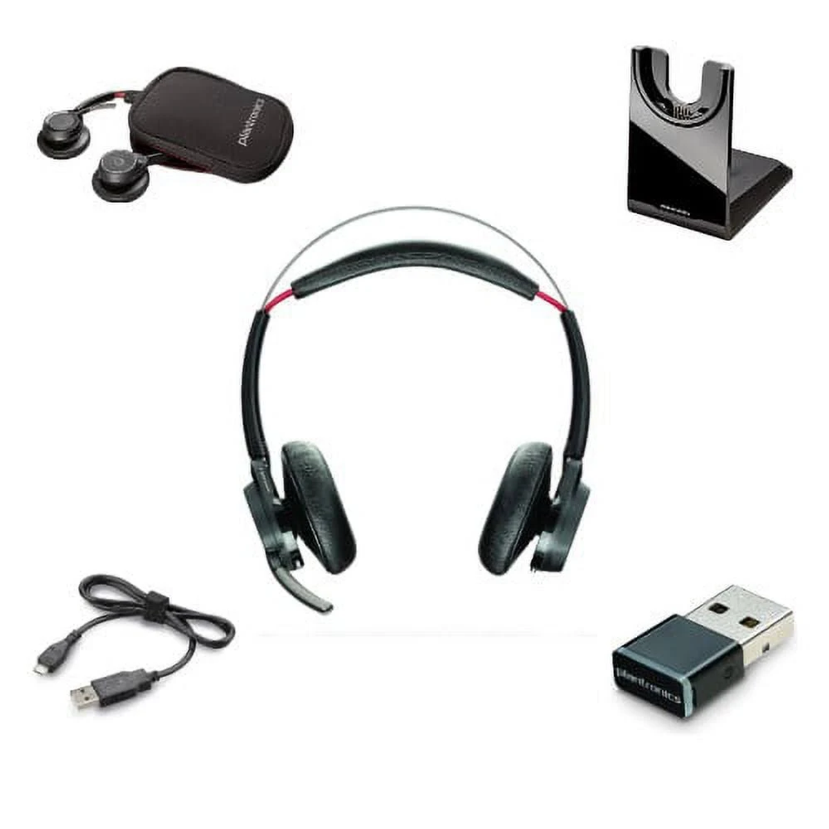 Eine Sammlung von Plantronics-Headset-Zubehör: eine Ladestation, ein USB-Dongle usw.