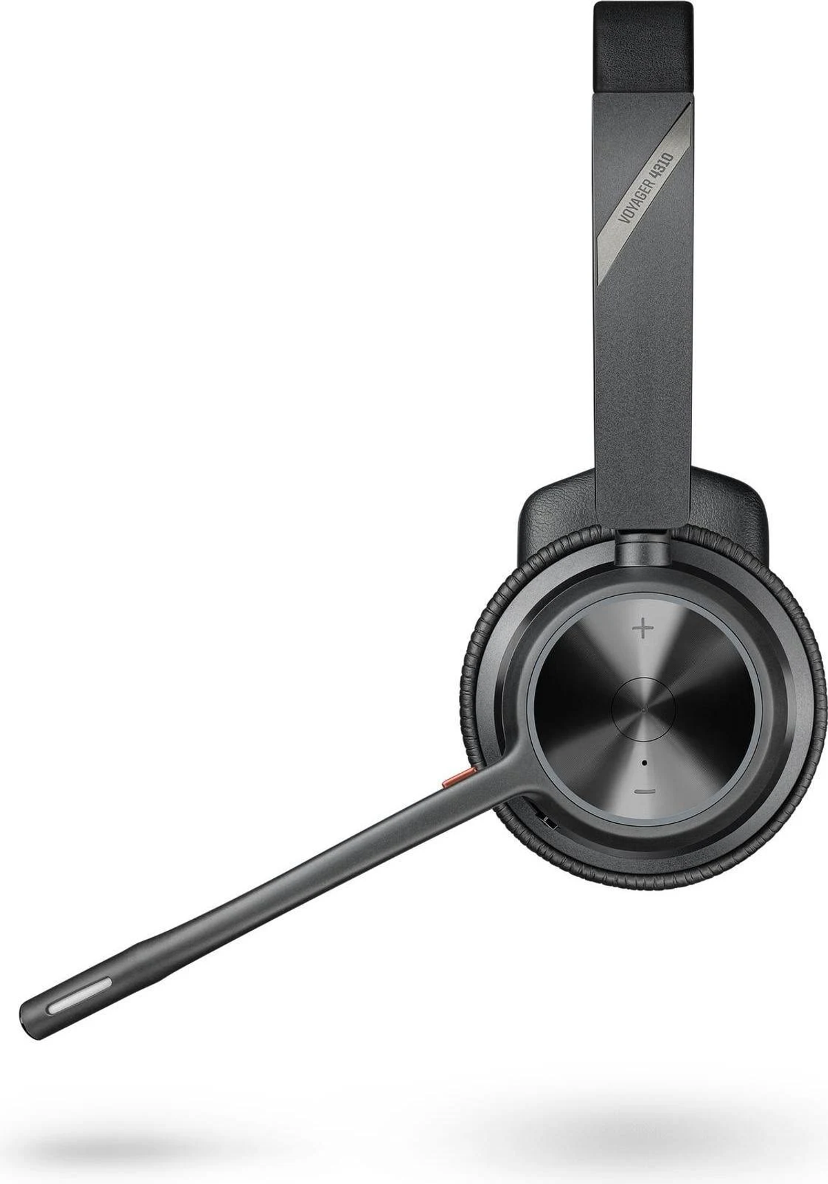 Cuffie Plantronics grigie con microfono esteso dall'auricolare, su sfondo bianco.