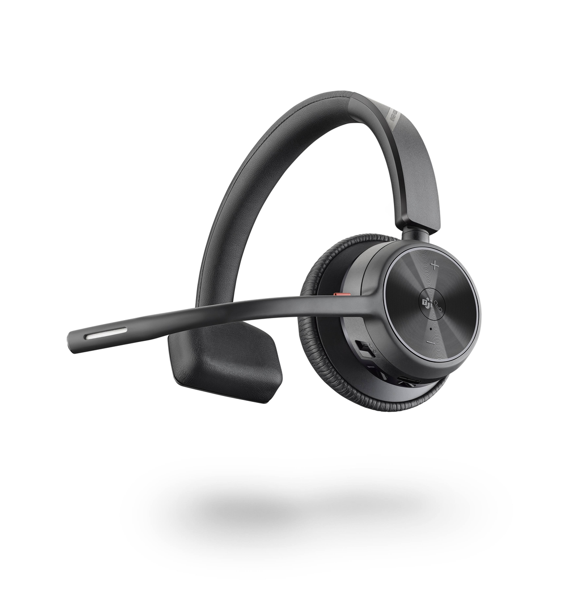 Cuffie Plantronics nere con microfono. Le cuffie hanno un design curvo e un pulsante laterale.