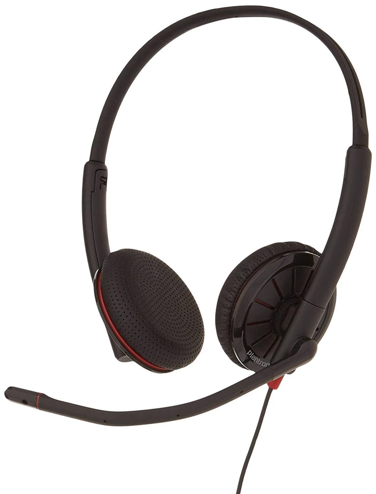 Zwarte headset met een microfoon en rode accenten. Witte achtergrond.