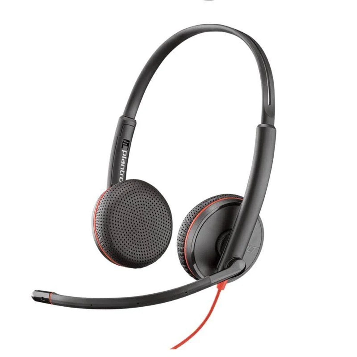 Een zwarte Plantronics headset met een rode kabel en een microfoonarm.