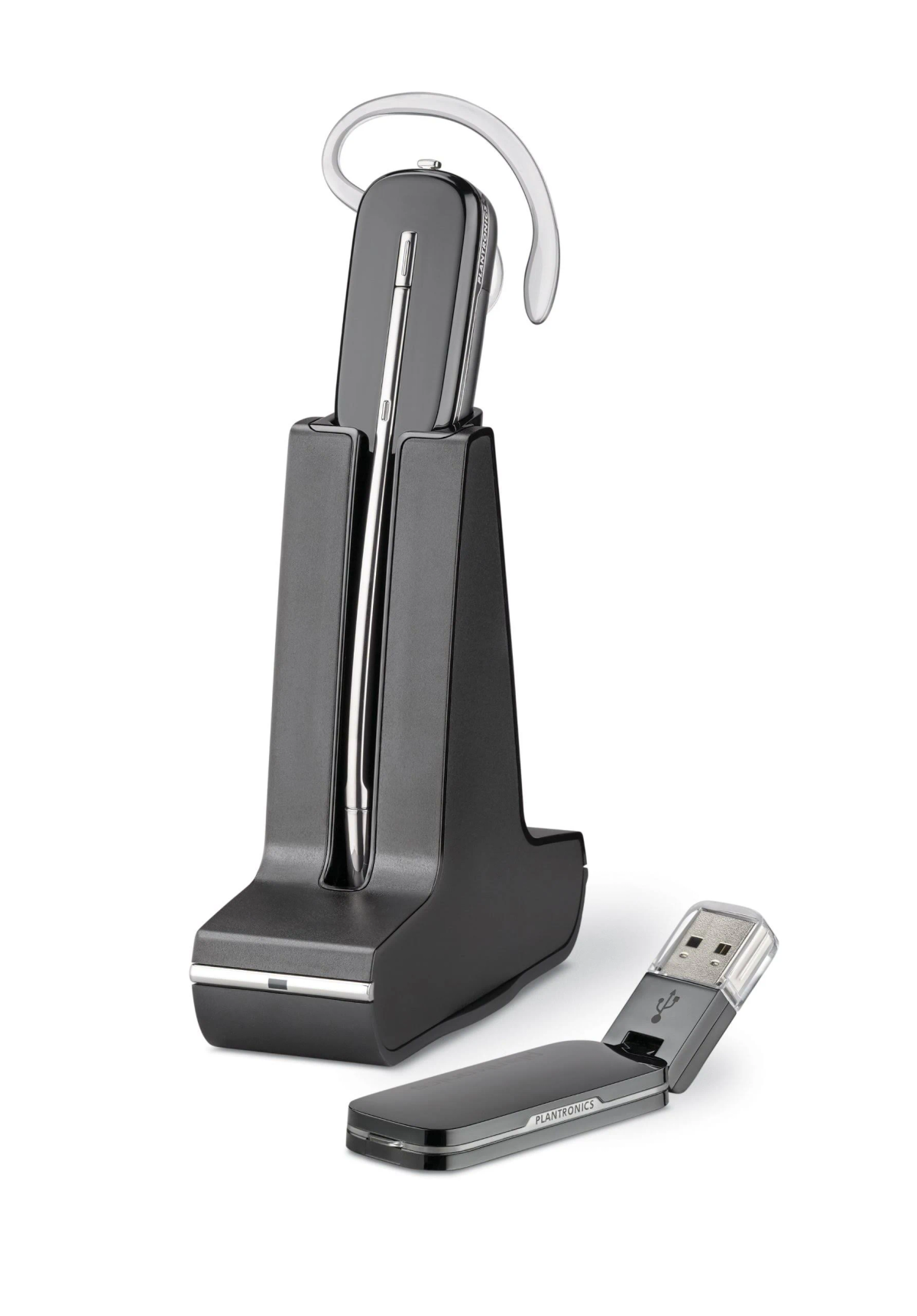 Cuffie Plantronics nere e base. Dongle USB incluso.