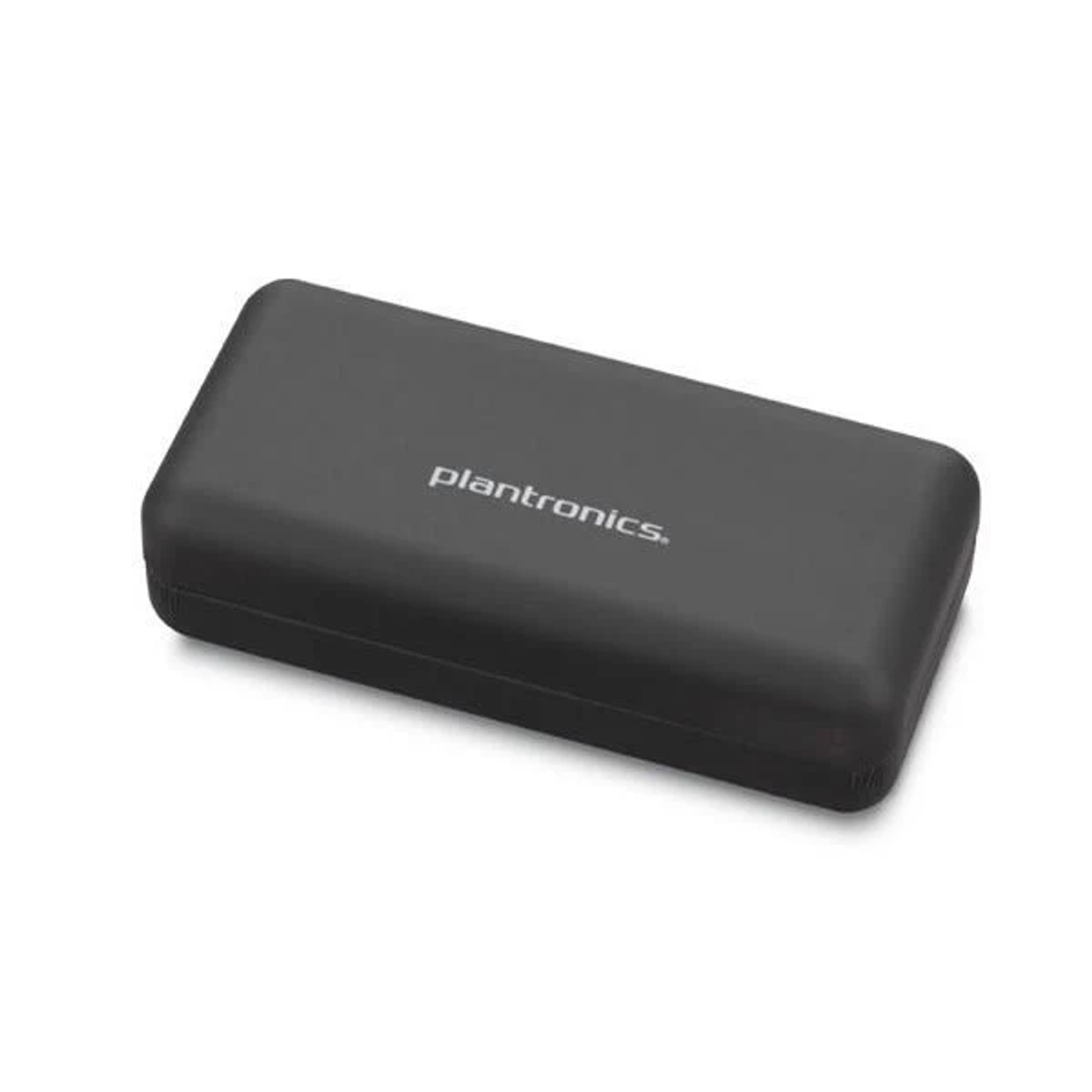 Custodia di ricarica Plantronics nera. Plantronics scritto davanti. Sfondo bianco.
