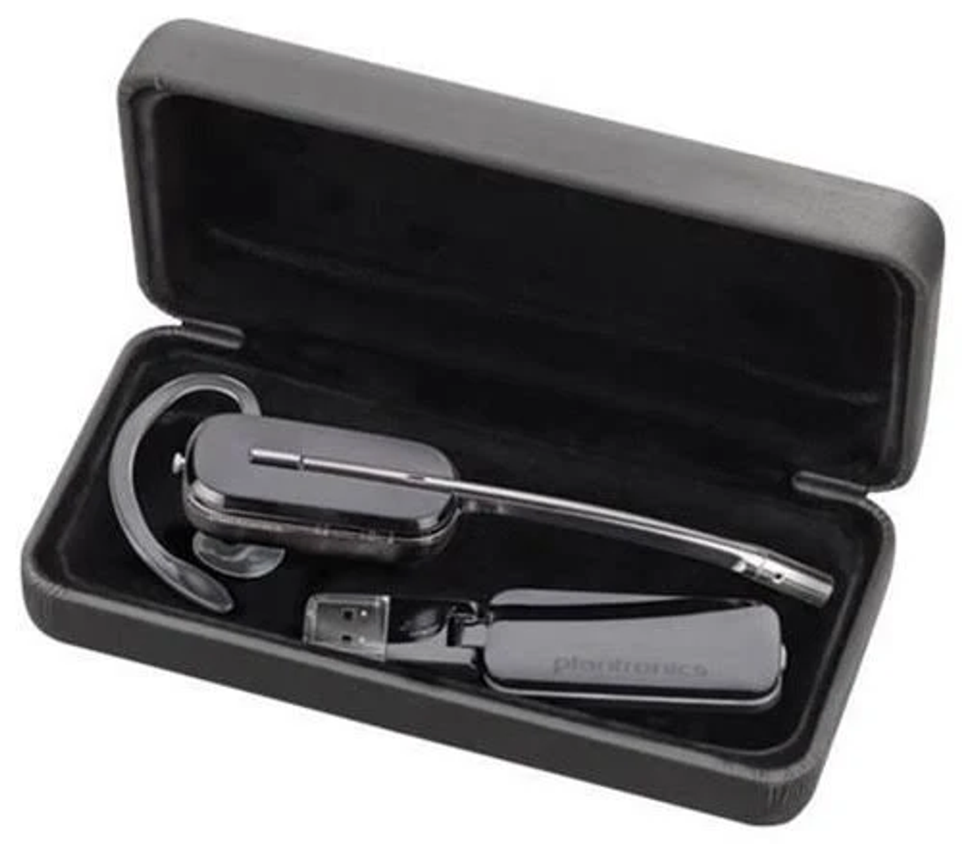 Cuffie Bluetooth in una custodia nera, con cavo di ricarica USB.