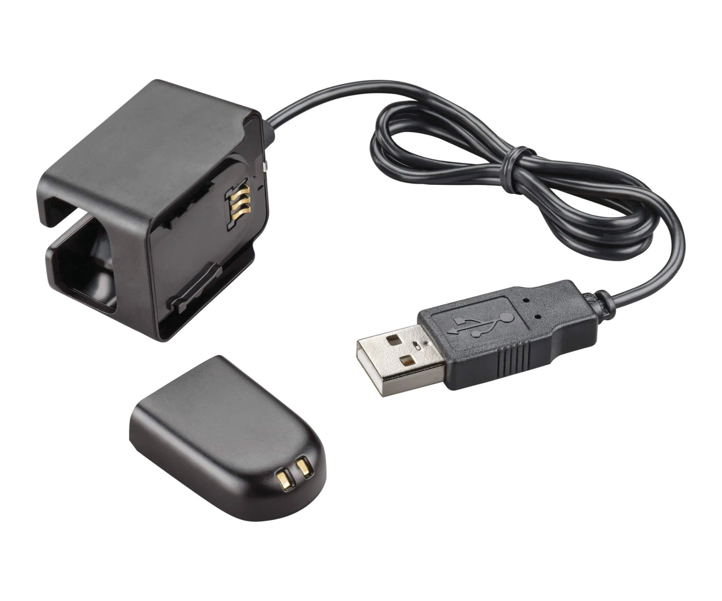 Caricabatterie nero con cavo USB e base di ricarica. È presente anche un piccolo tappo nero.