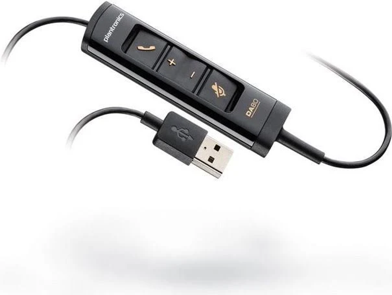 Czarny kabel USB z przyciskami sterowania na białym tle.