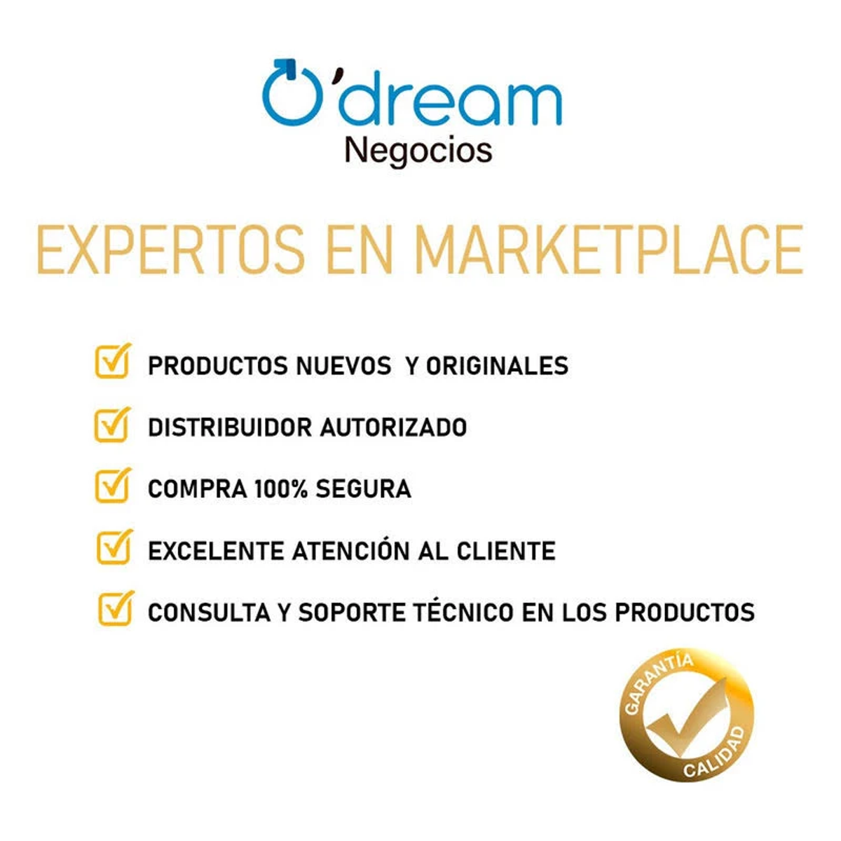 Logo O'dream Negocios avec texte en espagnol sur l'expertise marketplace et garantie de qualité.