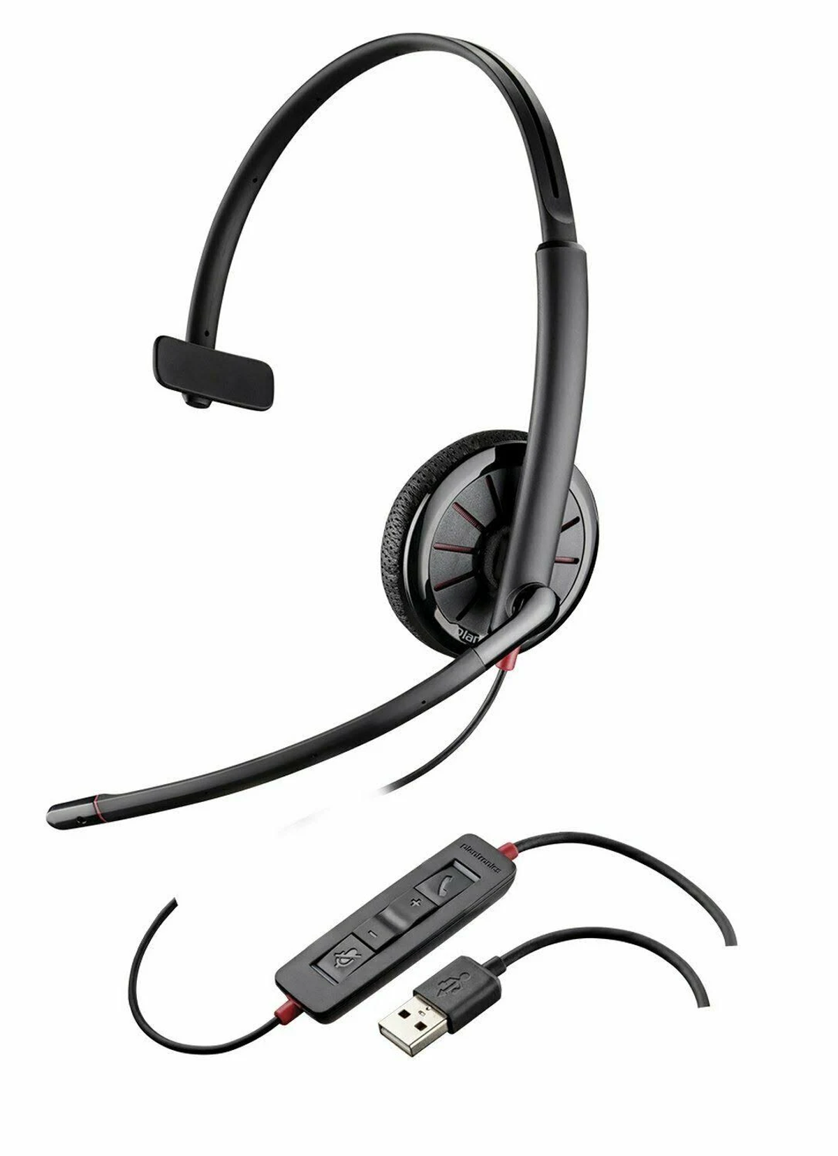 Cuffie nere con microfono e connessione USB. Ha un braccio flessibile e un'unità di controllo.