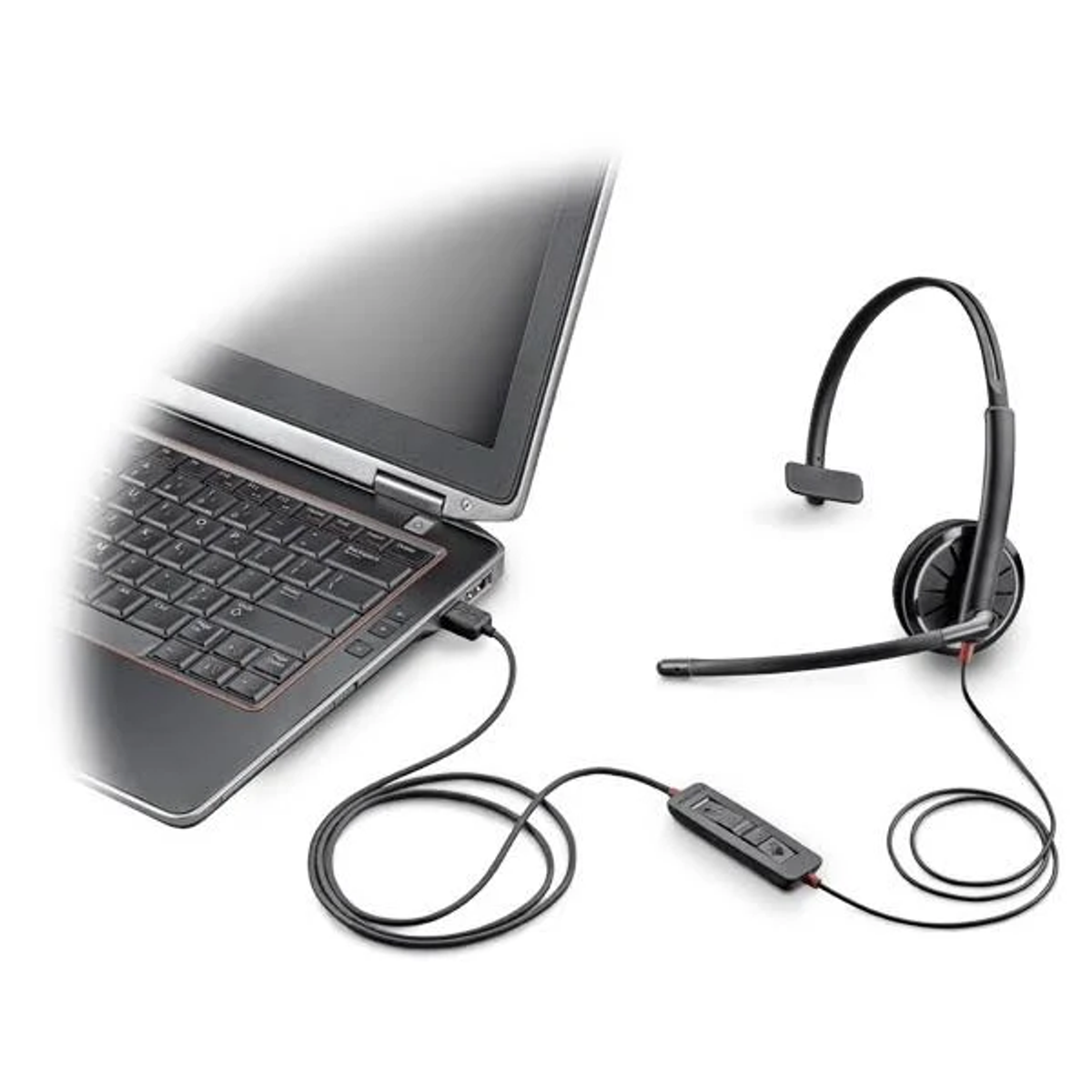Laptop collegato ad auricolare e controllo. Colori bianco e nero. Sfondo bianco.