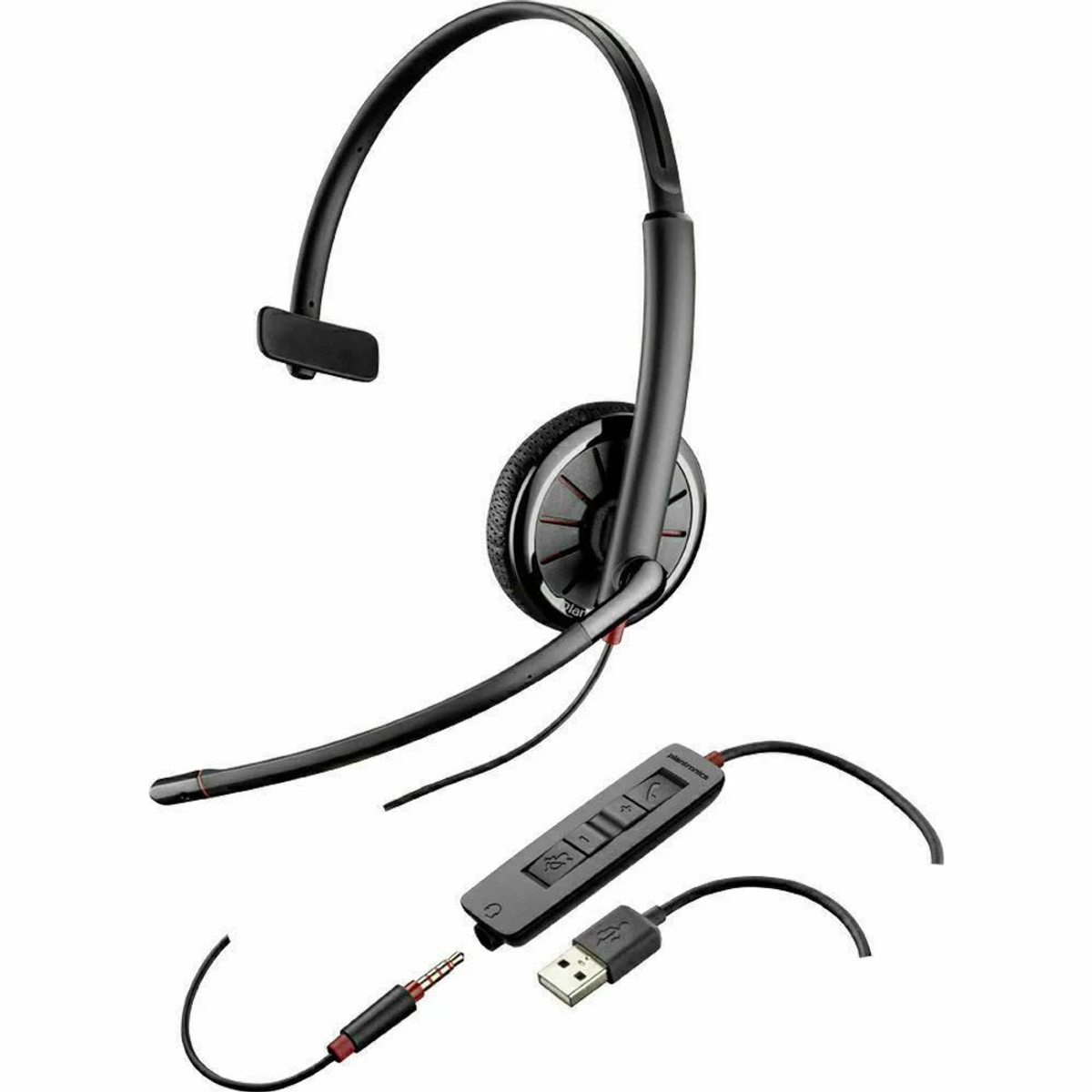 Cuffie nere con USB e jack da 3,5 mm. I comandi sono sul cavo. Il microfono si estende lateralmente.