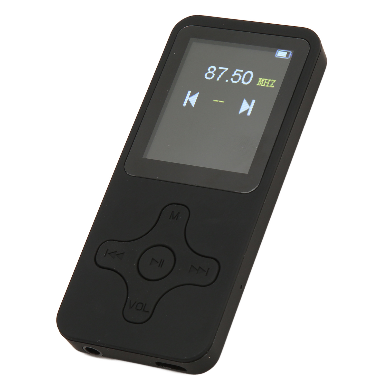 Schwarzer MP3-Player, Bildschirm zeigt 87,50 MHz an, Steuertasten unten.