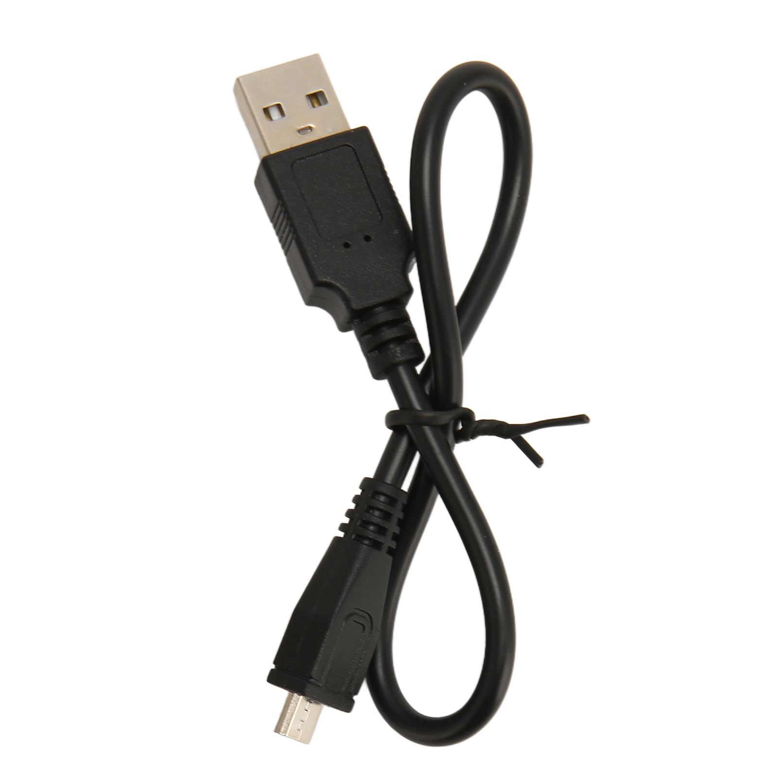 Schwarzes USB-Kabel mit Steckern in einer Schlaufe gebunden.