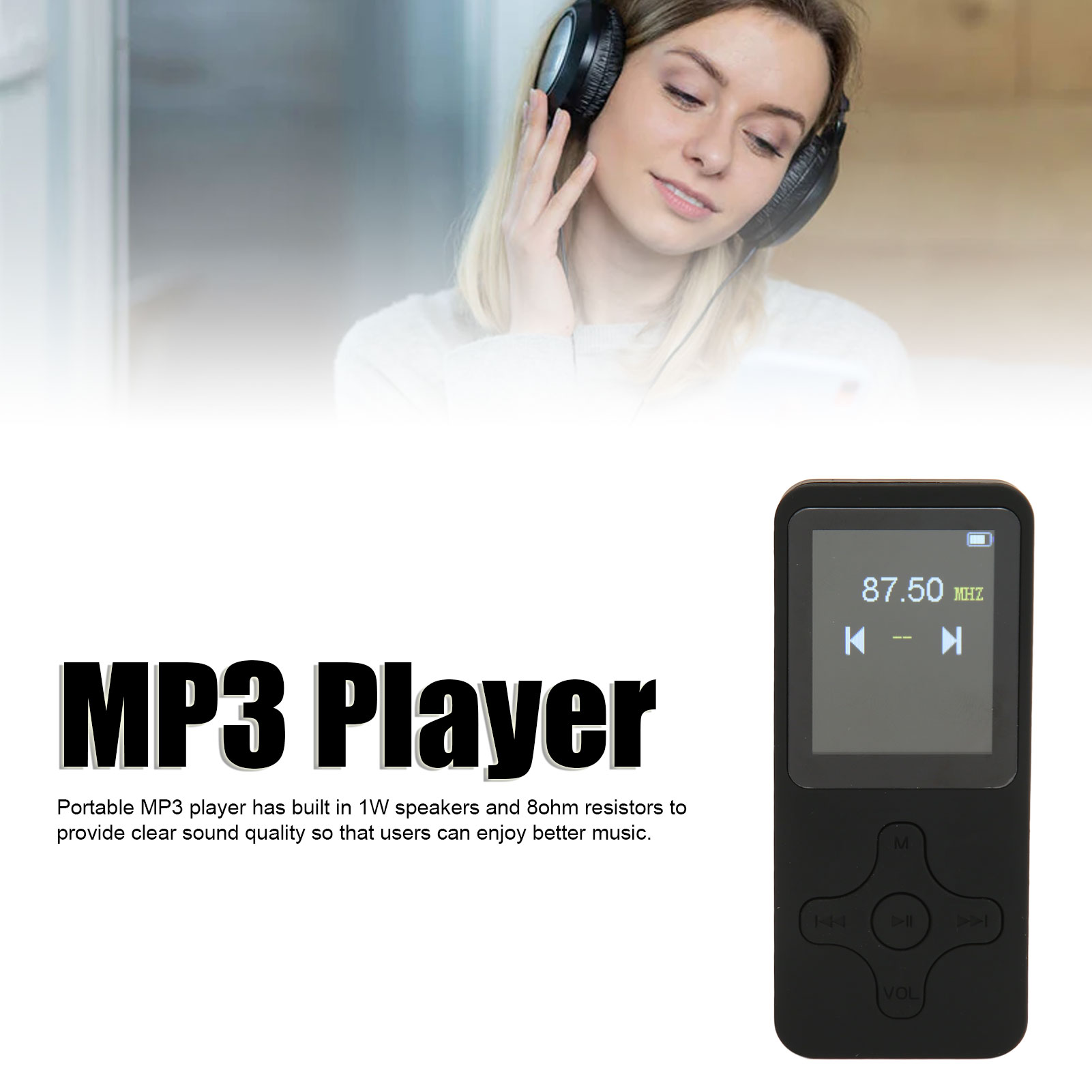 Schwarzer MP3-Player mit Bildschirm, Anzeige 87,50 MHz und Knöpfen, auf weißem Hintergrund.
