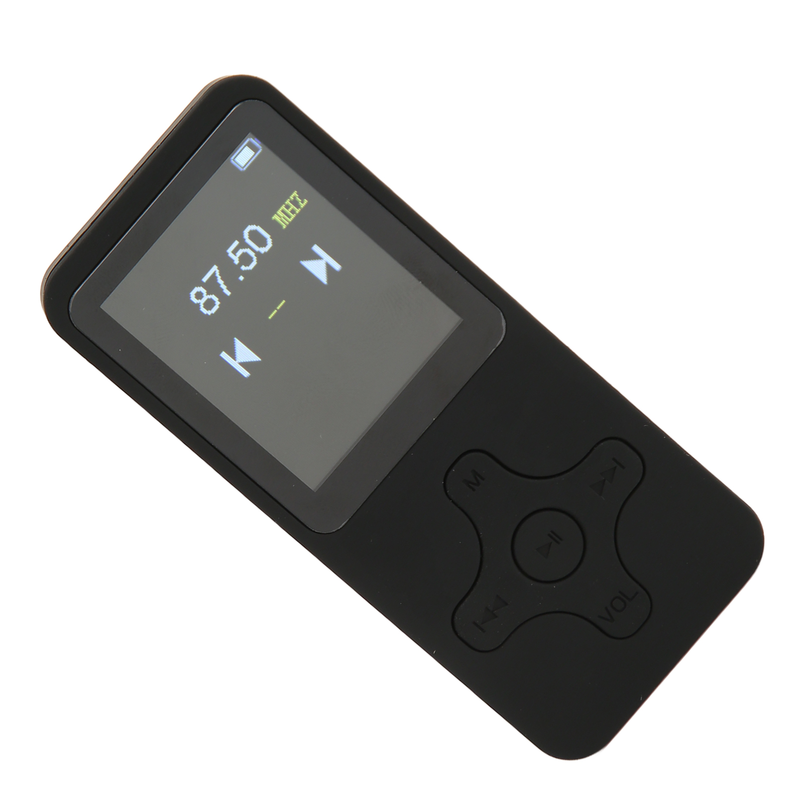 Schwarzer MP3-Player mit Bildschirm, Tasten und weißem Hintergrund.