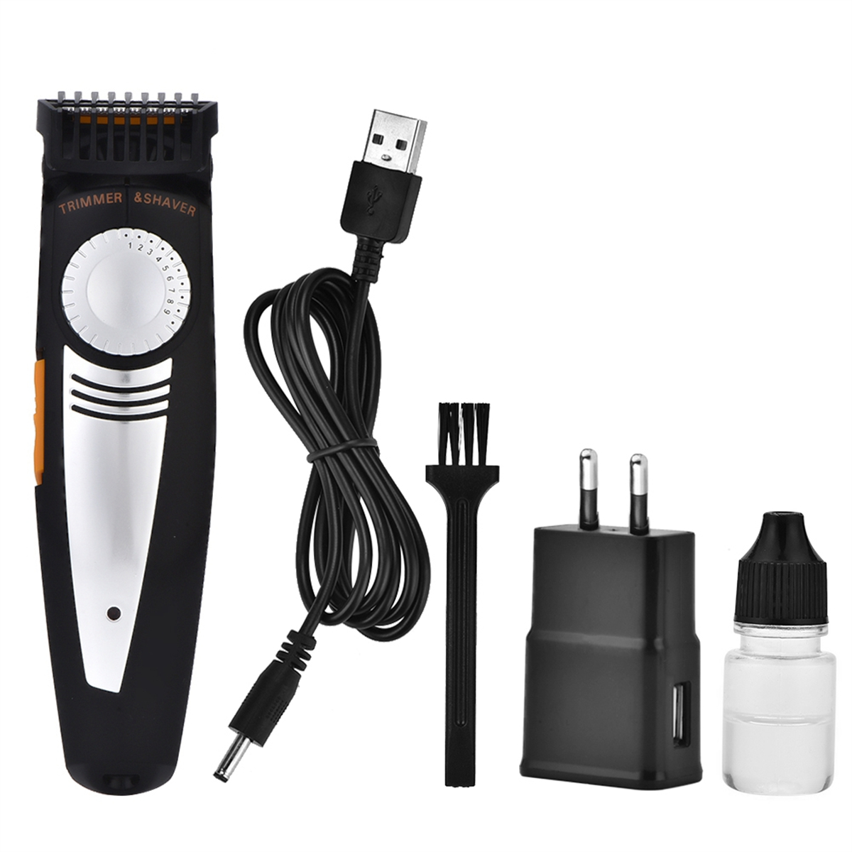 Schwarzes Trimmer- und Rasiererset mit Zubehör: USB-Kabel, Bürste, Adapter und Ölflasche.