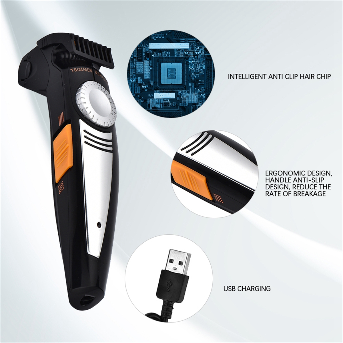 Ein schwarzer und orangefarbener Trimmer mit Details am Griff und USB-Ladefunktionen. Isoliert.