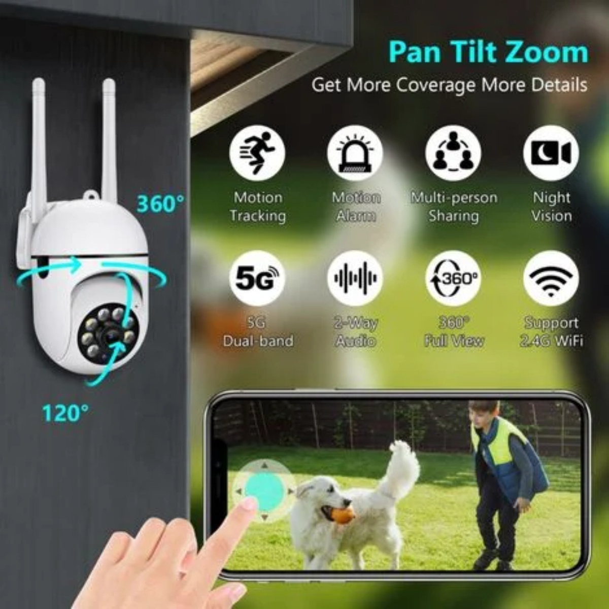 Weiße Überwachungskamera an der Wand; Telefon zeigt Bilder von Person, Hund und Text.