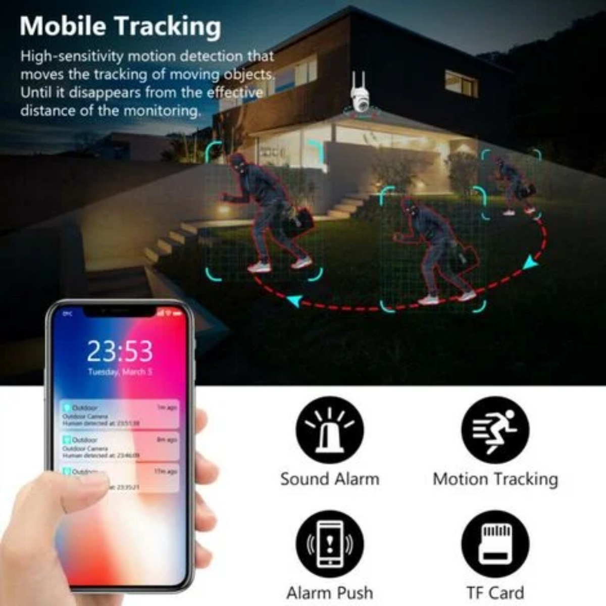 Mobile Verfolgung mit Überwachungskamera, Telefon und visuellen Indikatoren.