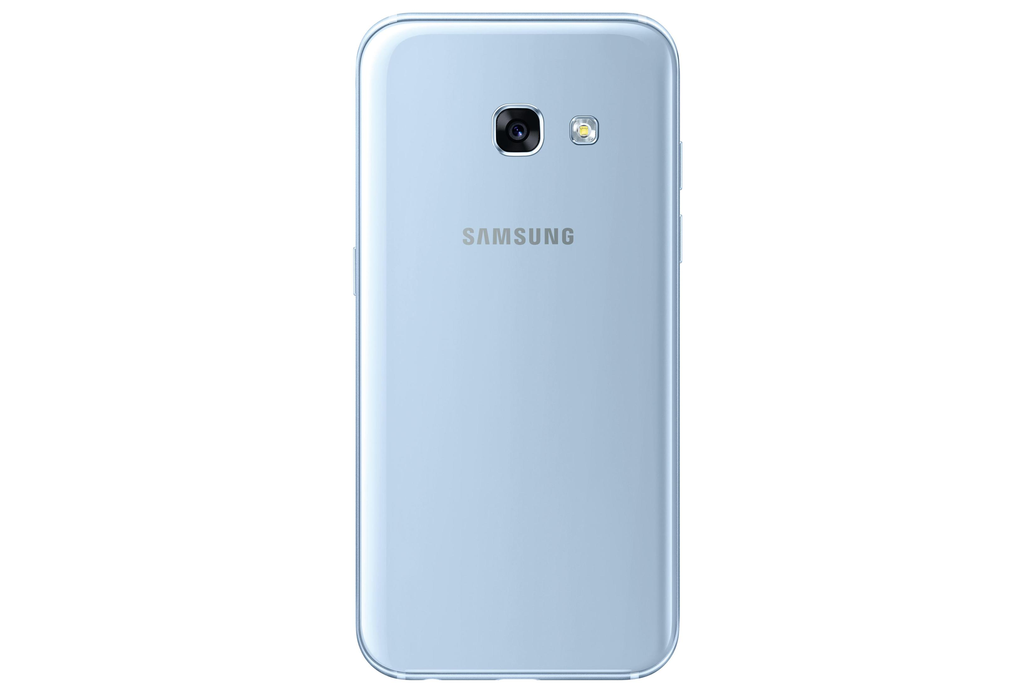 Rückseite eines hellblauen Samsung Smartphones mit Kamera und Blitz.