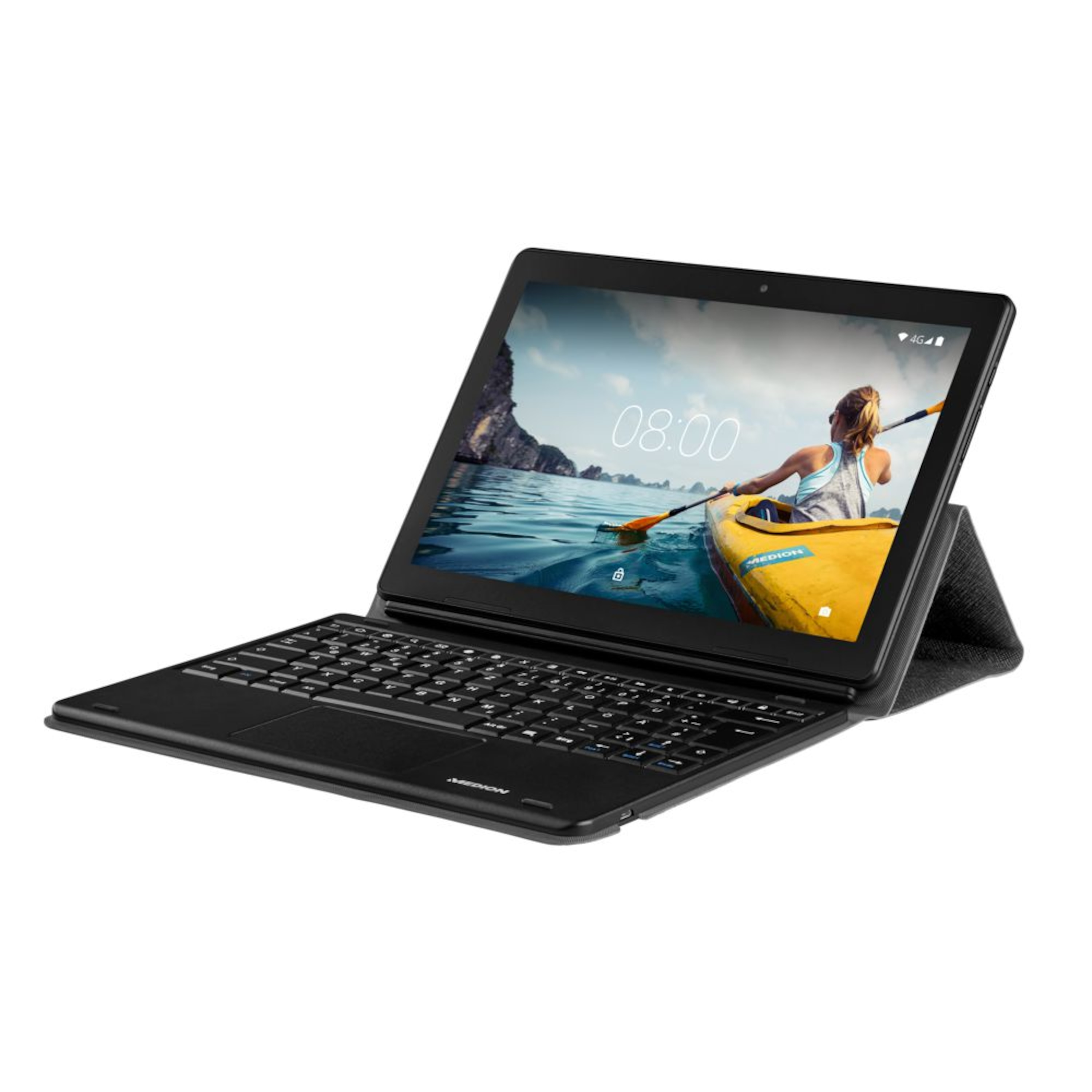Ein Tablet mit Tastatur zeigt eine Kajak fahrende Frau. Der Bildschirm zeigt die Uhrzeit 08:00 an. Es steht auf einem Ständer.