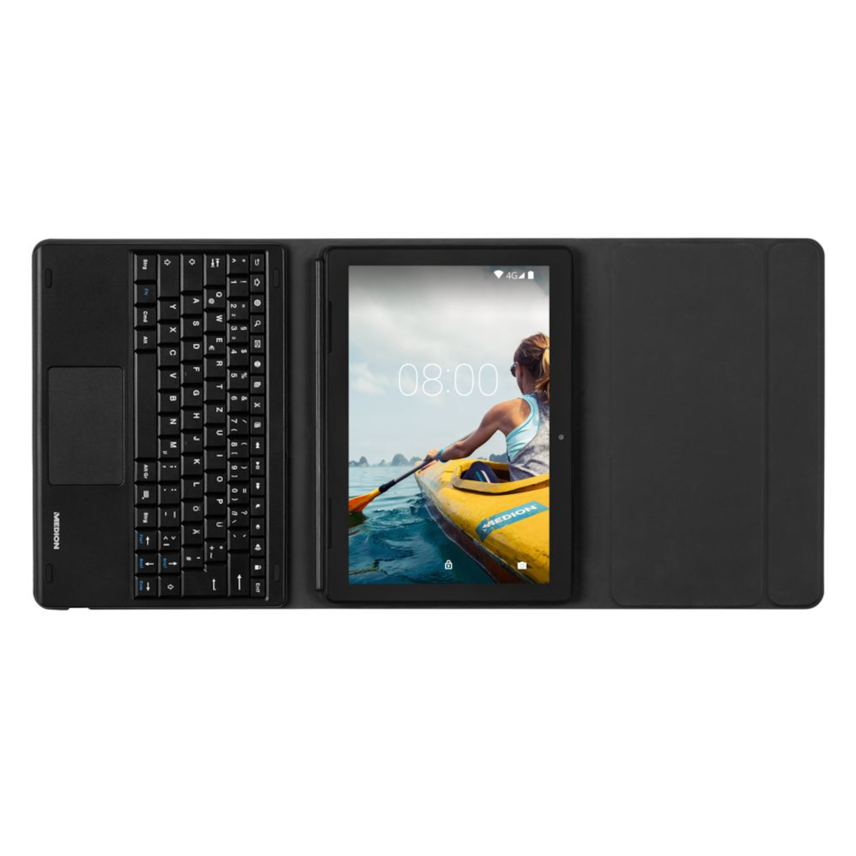 Schwarzes Tablet mit Tastatur und Hülle, zeigt Kajakfahrer auf einem See.