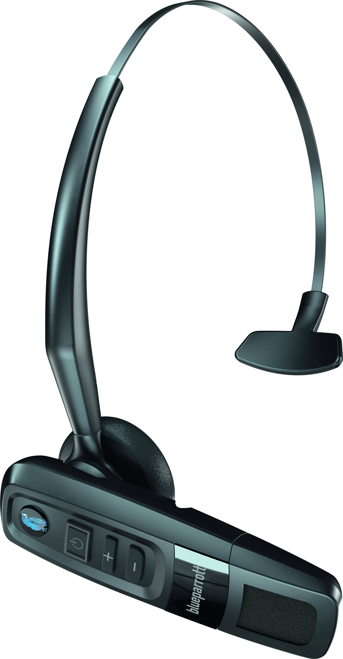 Un auricolare Bluetooth nero con un piccolo microfono. L'auricolare ha pulsanti di accensione e volume.