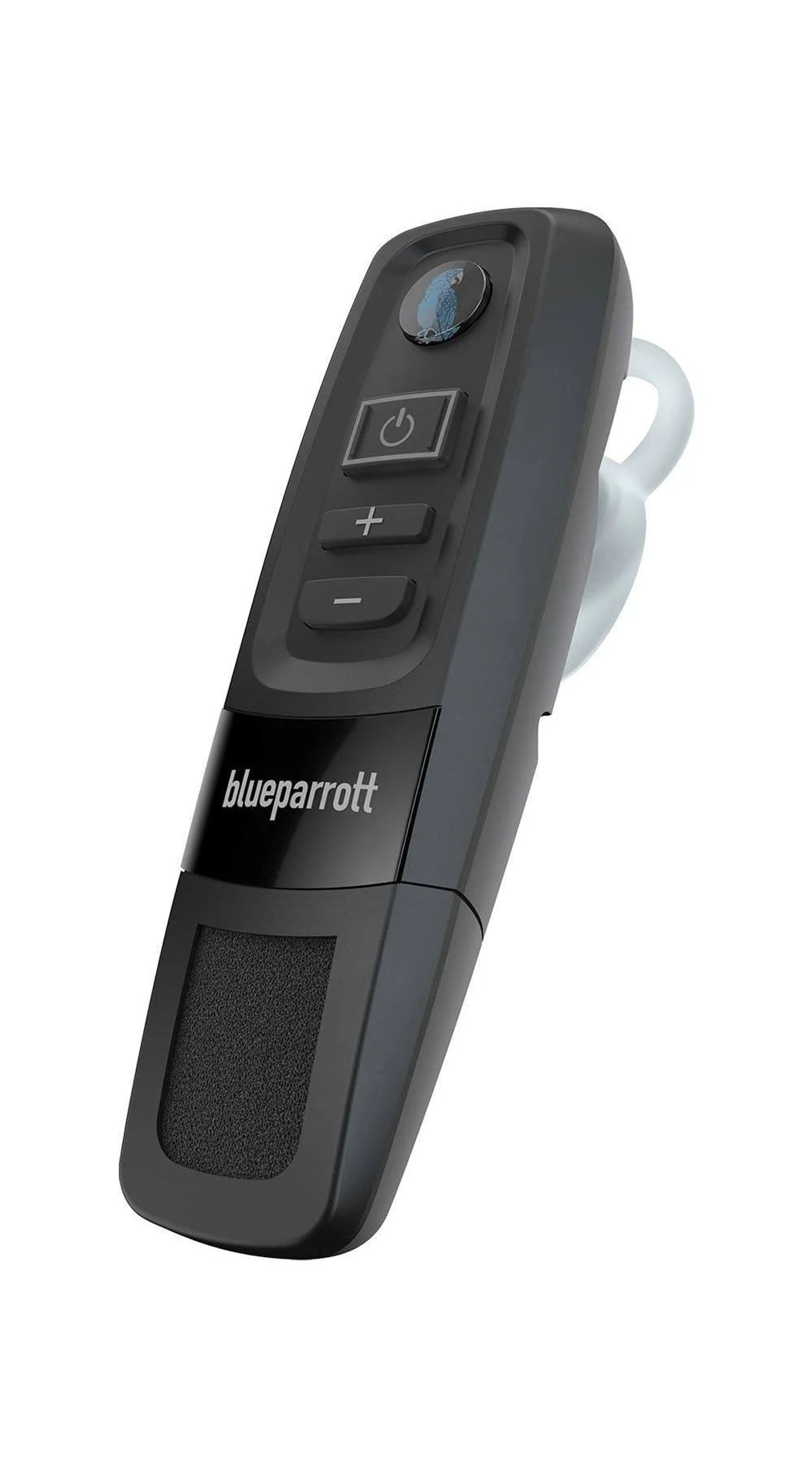 Auricolare Bluetooth nero con pulsanti e microfono. Il marchio 'blueparrott' è visibile.