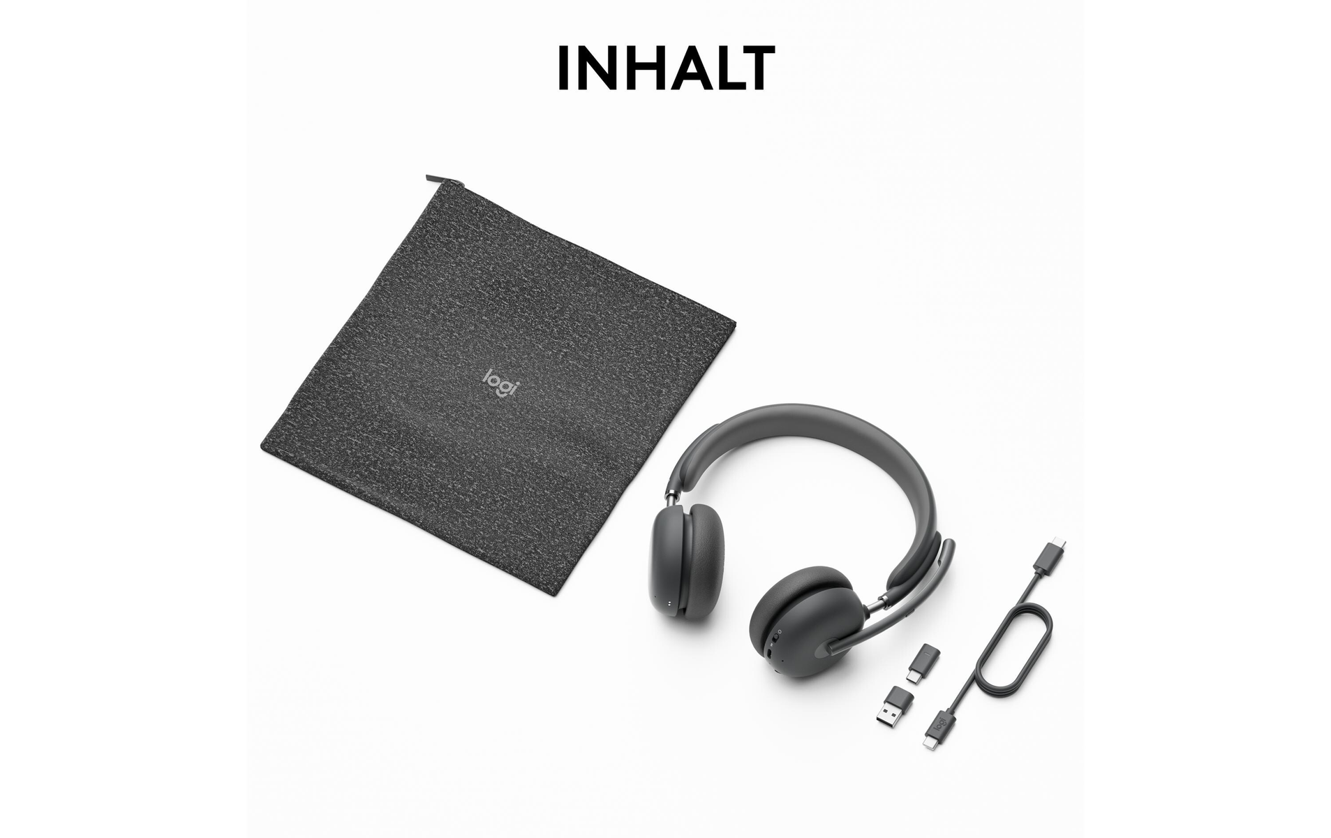 Czarne słuchawki, etui i kable na białej powierzchni. Tekst brzmi „INHALT”.