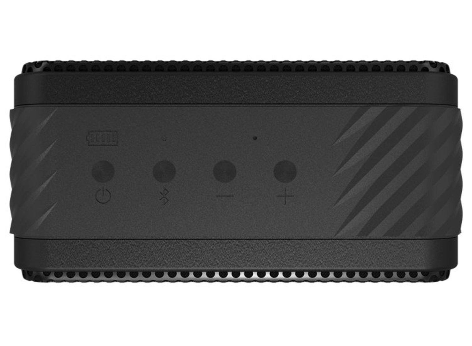 Czarny głośnik z przyciskami zasilania, Bluetooth, głośności. Powierzchnia ma wzór.