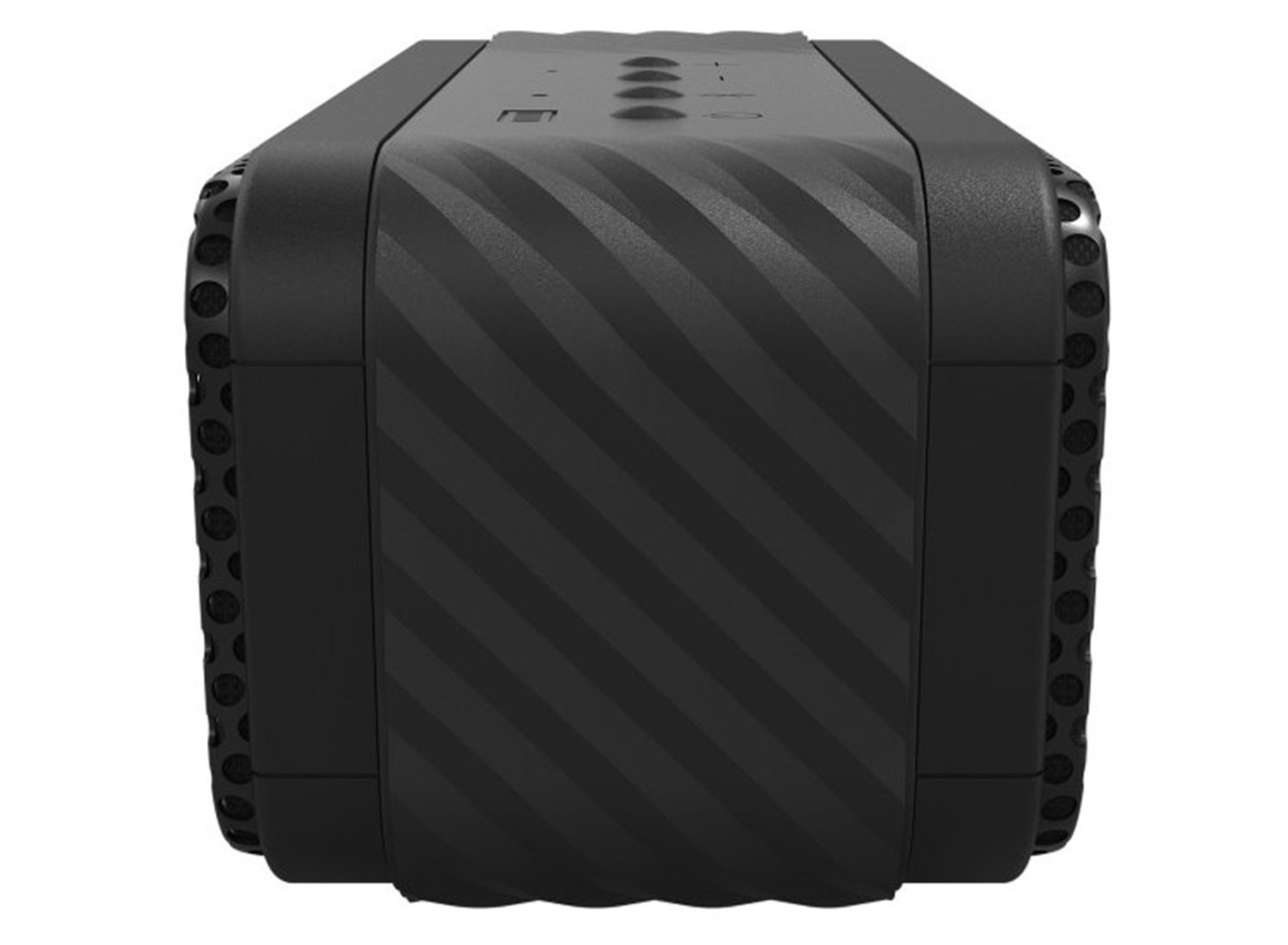 Zbliżenie czarnego głośnika z przekątnymi liniami i siatkowymi bokami.