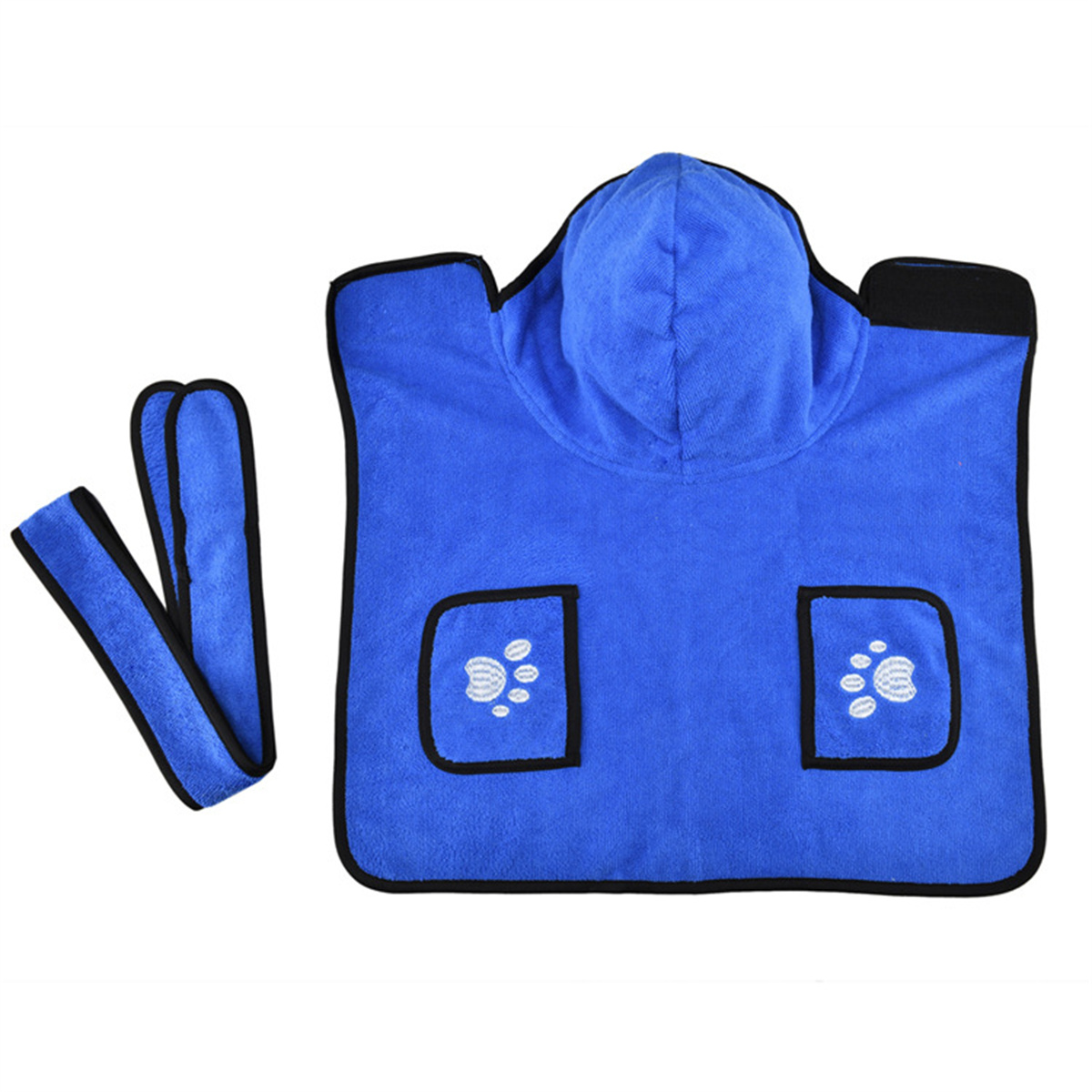 Blaues Haustierhandtuch mit Kapuze, zwei Pfotenabdrucktaschen und zwei riemenartigen Verlängerungen.