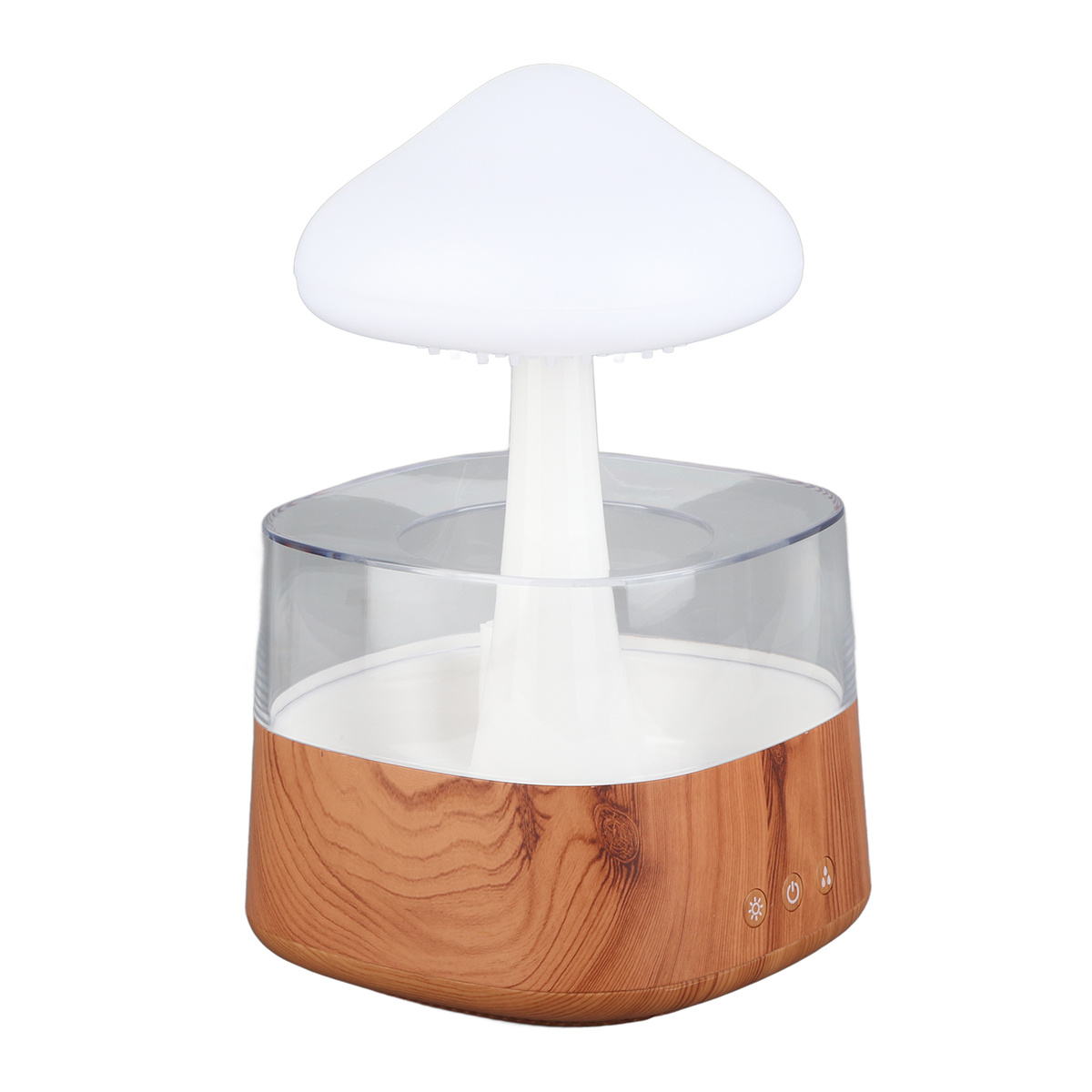 Pilzförmige Lampe mit weißem Oberteil und Holzmaserungsfuß. Die Basis hat Knöpfe. Der Hintergrund ist weiß.