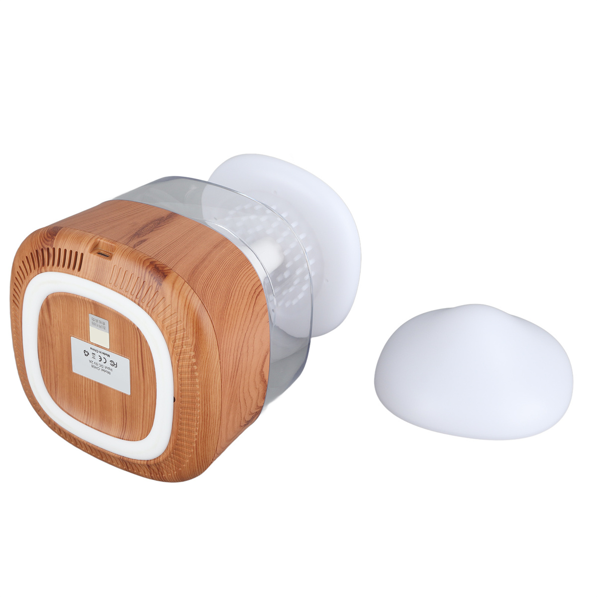 Luftbefeuchter im Holzstil mit durchsichtigem Deckel und weißer Basis.