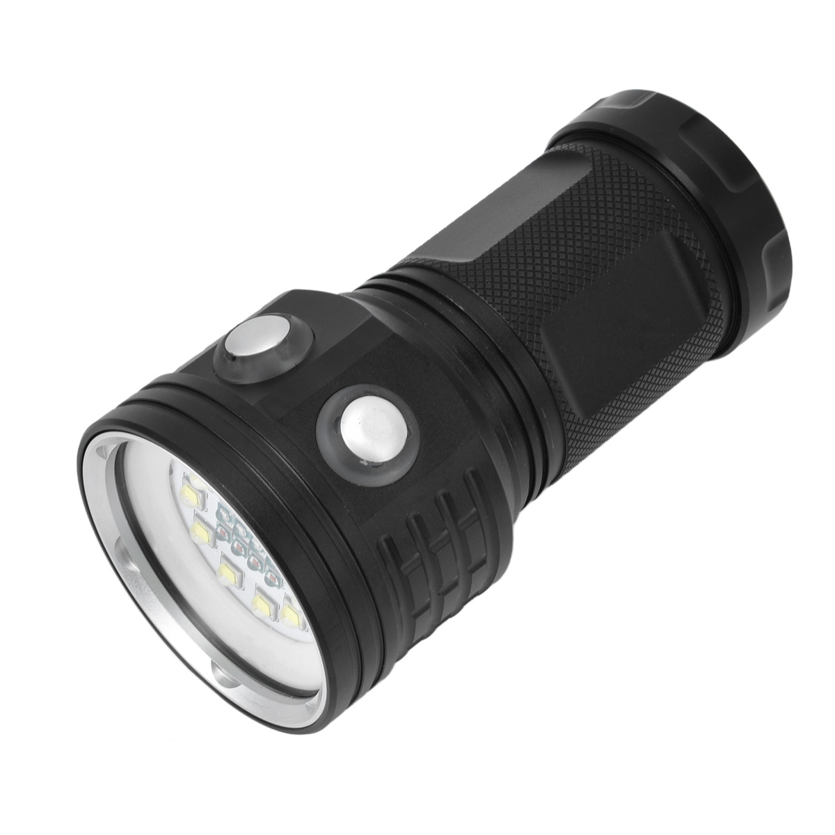 Schwarze Taschenlampe mit zwei Knöpfen und hellem LED-Licht auf weißem Hintergrund.