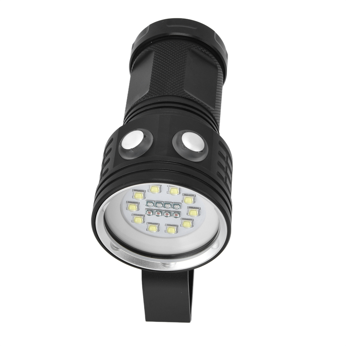 Schwarze Taschenlampe mit zwei Knöpfen und einem Kopf mit vielen kleinen Lichtern.
