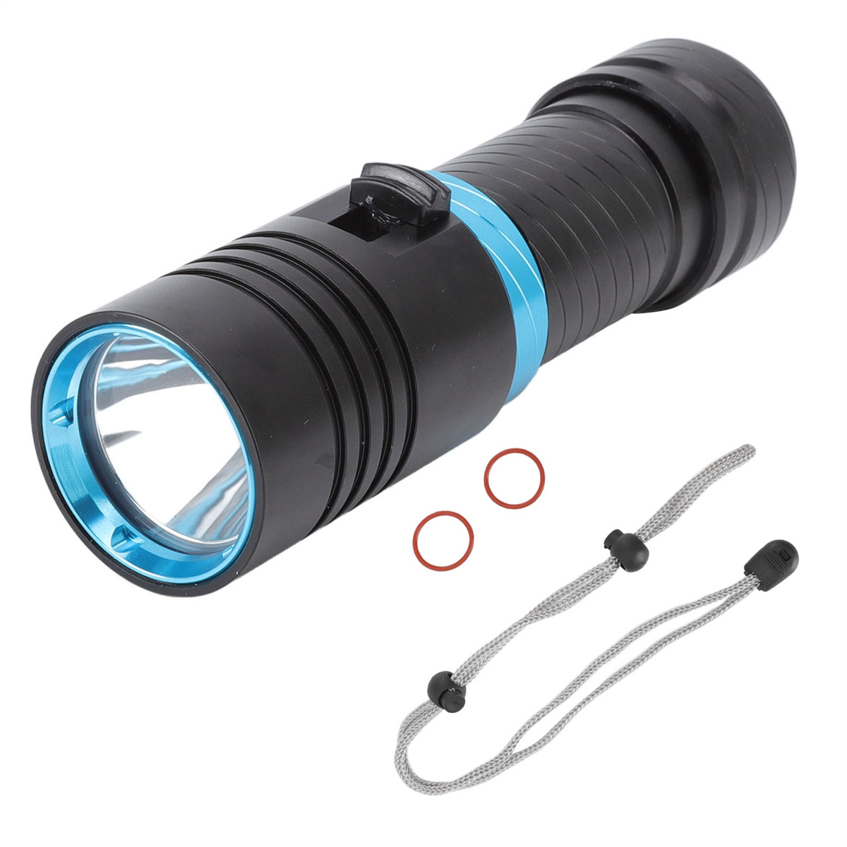 Schwarze und blaue Unterwasser-Taschenlampe mit Riemen und zwei roten O-Ringen.