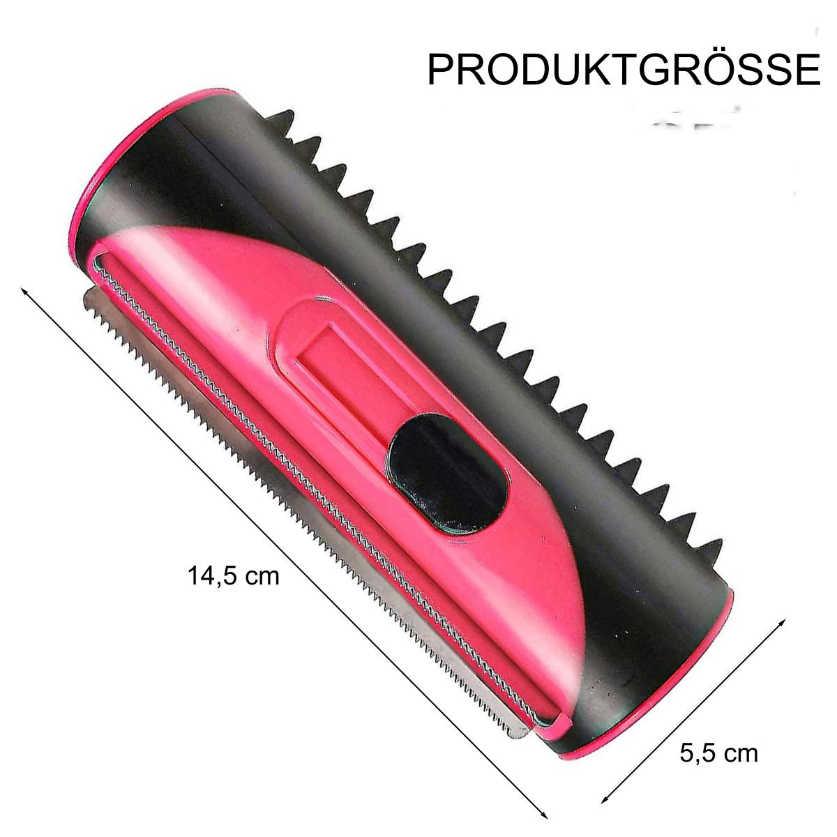 Rosa-schwarzes Fusselentfernungswerkzeug mit Abmessungen. Hat gezackte Kanten und einen Griff.