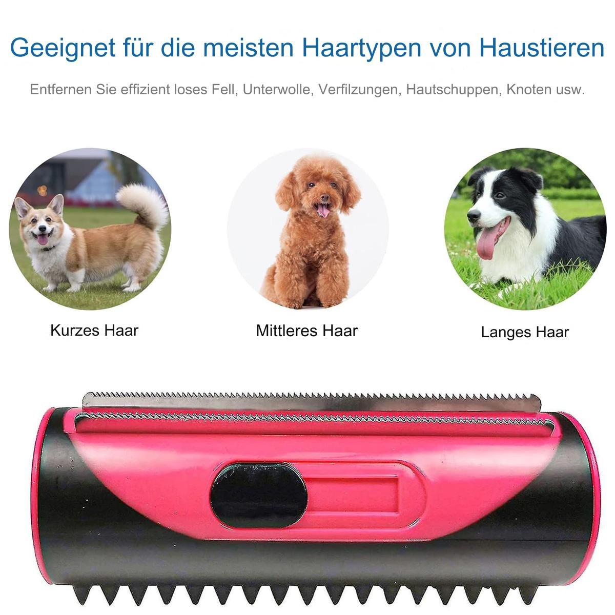 Ein rosa-schwarzer Tierhaarentferner mit drei Hunde-Bildern darüber.