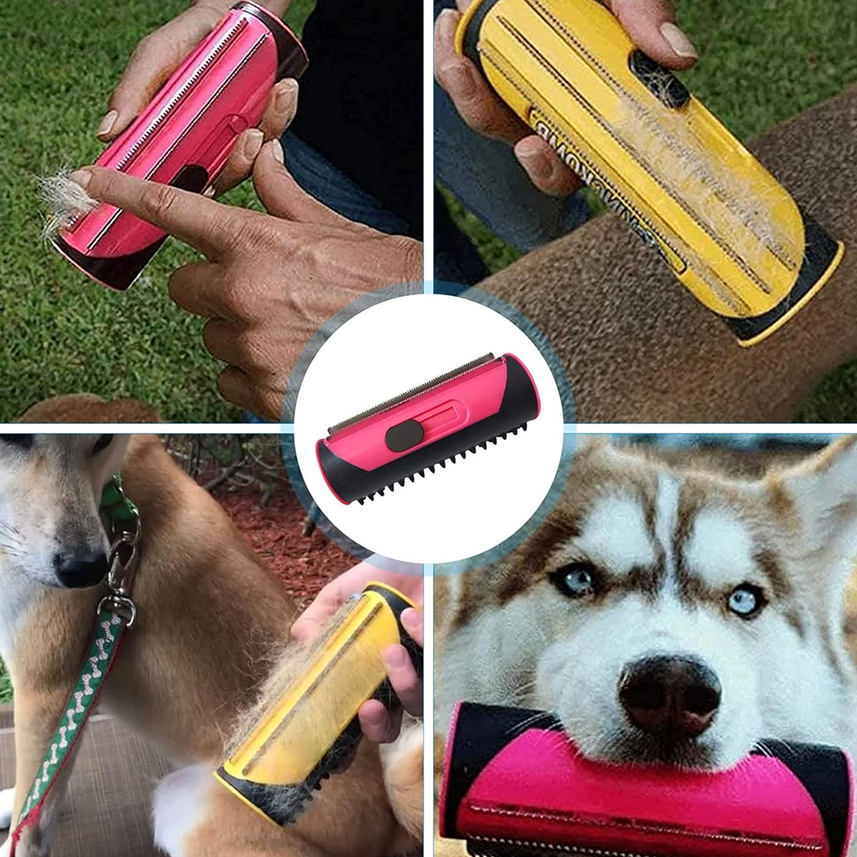 Bilder zeigen Tierpflege-Werkzeuge, rosa und gelb, die Fell von Hunden entfernen.