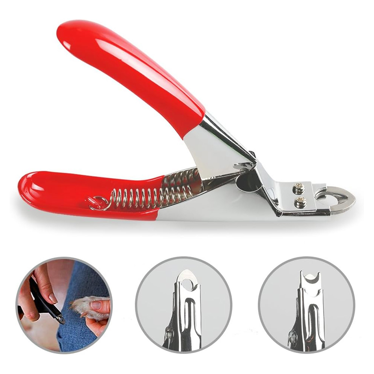 Rote und silberne Tiernagelknipser. Detailaufnahmen zeigen die Klingen und eine Person, die sie benutzt.