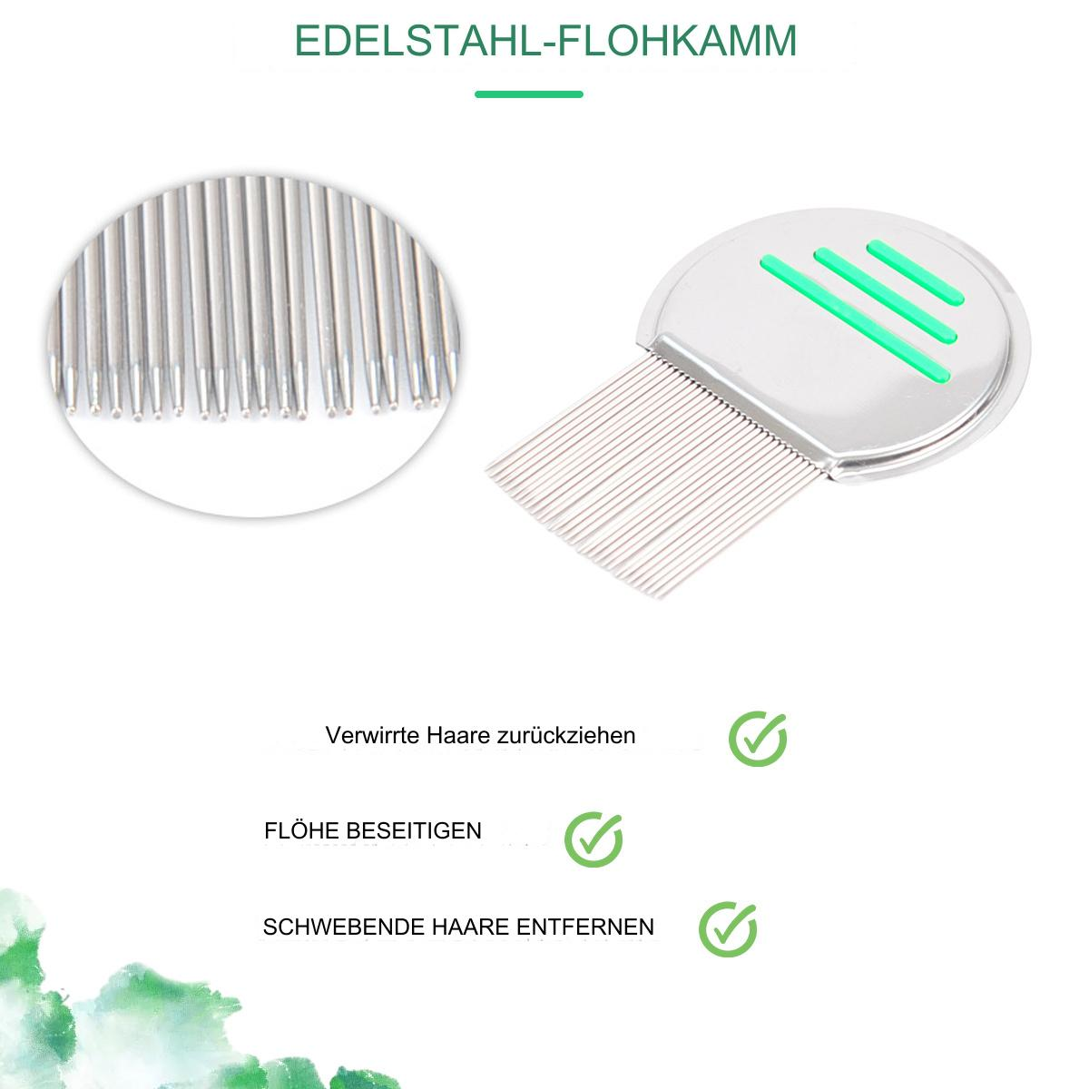Flohkamm mit Metallzähnen und grünen Akzenten. Nahaufnahme zeigt die Zähne und den Griff.