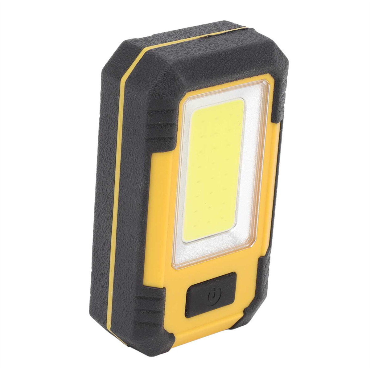 Eine gelb-schwarze Arbeitsleuchte mit hellem weißem LED-Panel und schwarzem Netzschalter.