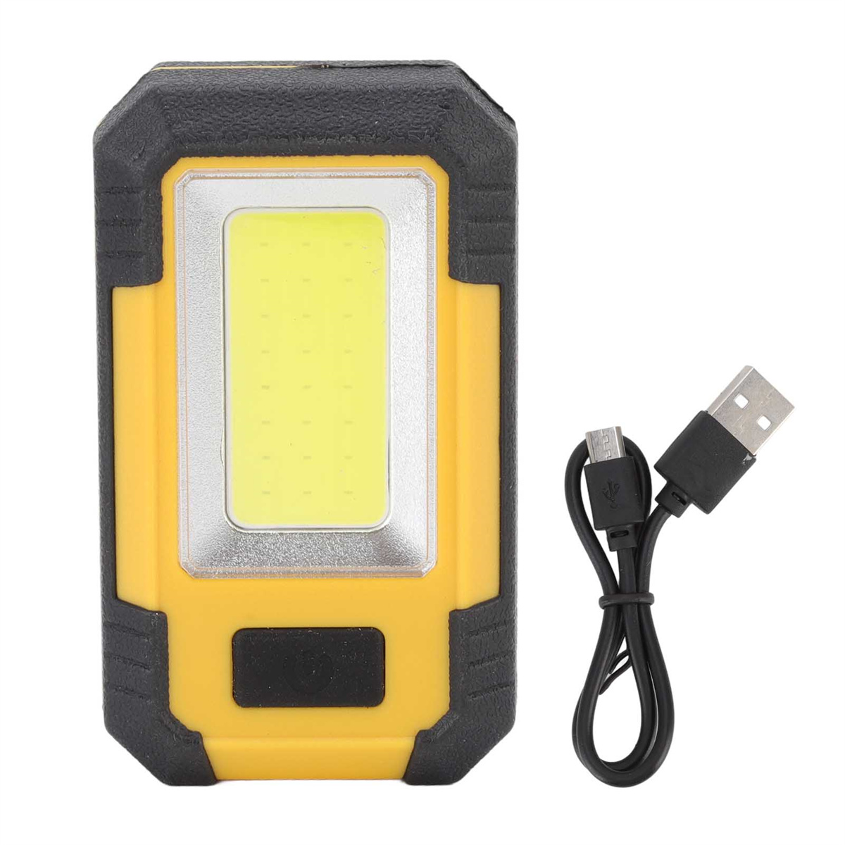 Gelb-schwarzes Arbeitslicht mit USB-Kabel. Weißer Hintergrund.