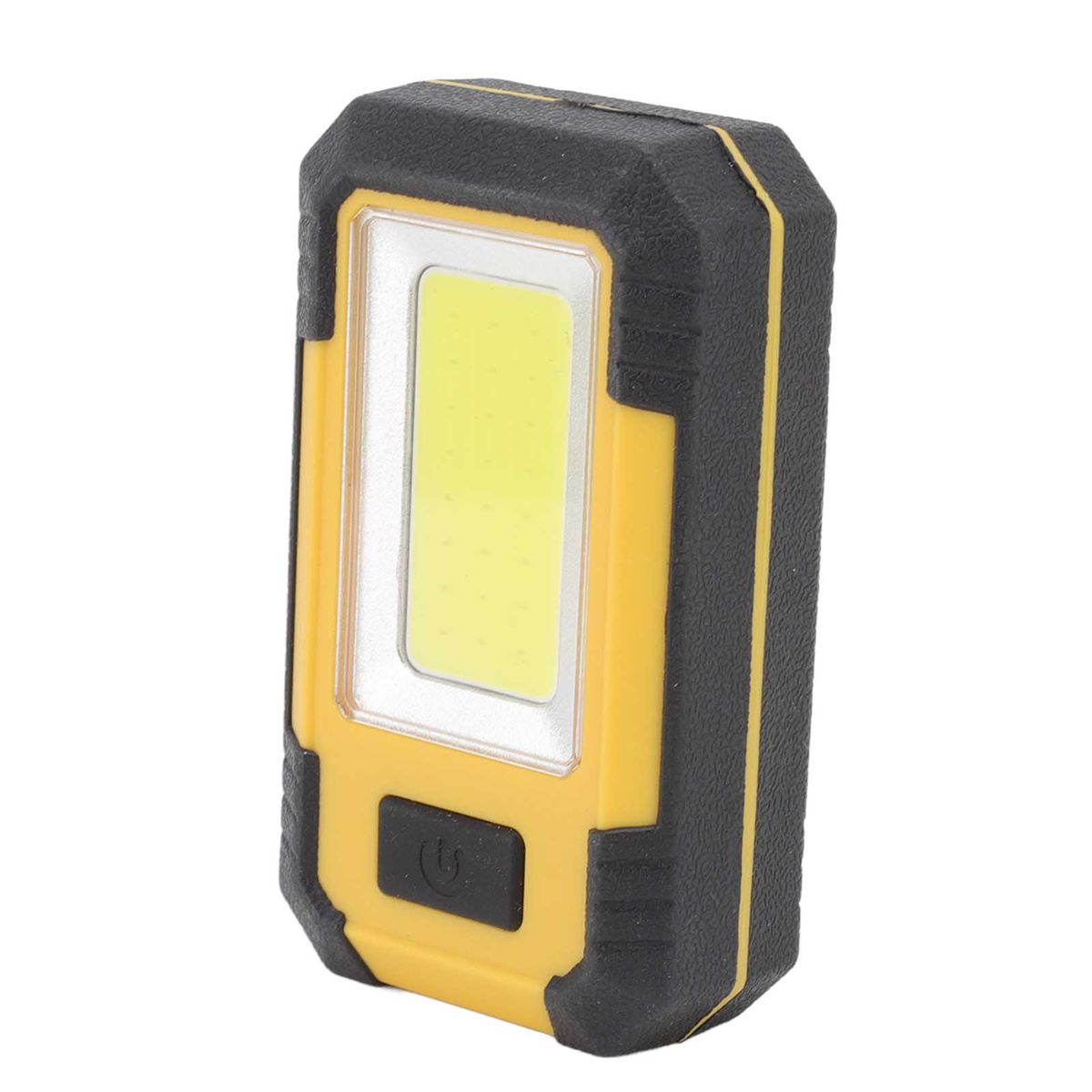 Eine gelb-schwarze Taschenlampe mit COB-Licht und einem Einschaltknopf. Sie ist rechteckig.