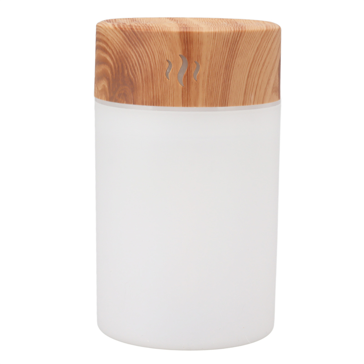 Ein weißer und holzmaserter Luftbefeuchter. Die Oberseite ist Holz, der Körper weiß.