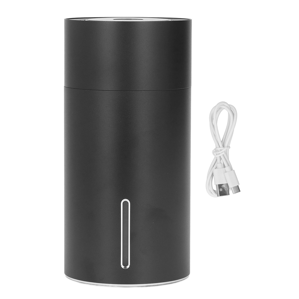Schwarzer zylindrischer Gegenstand mit weißem USB-Kabel. Der Gegenstand hat eine vertikale Öffnung.