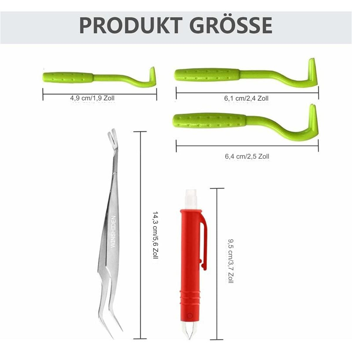 Unterschiedliche Größen von Angelhaken und eine Pinzette sowie ein roter Stift mit Maßen.