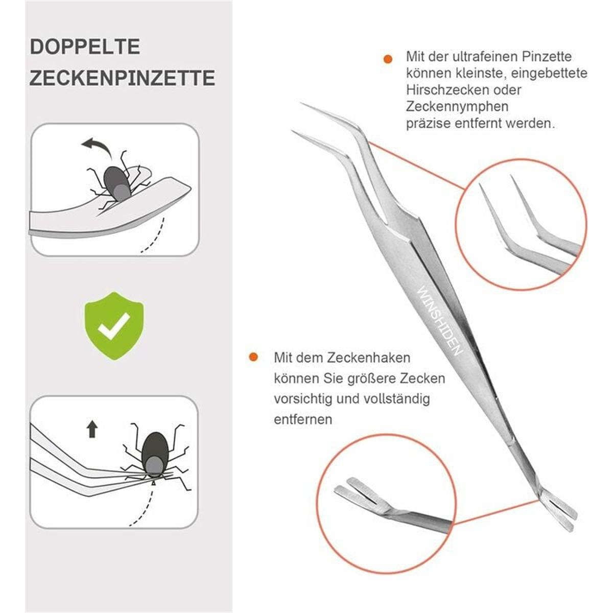 Zeckenpinzette mit Anweisungen zum Entfernen von Zecken, mit Diagrammen. Grünes Zeckensymbol.