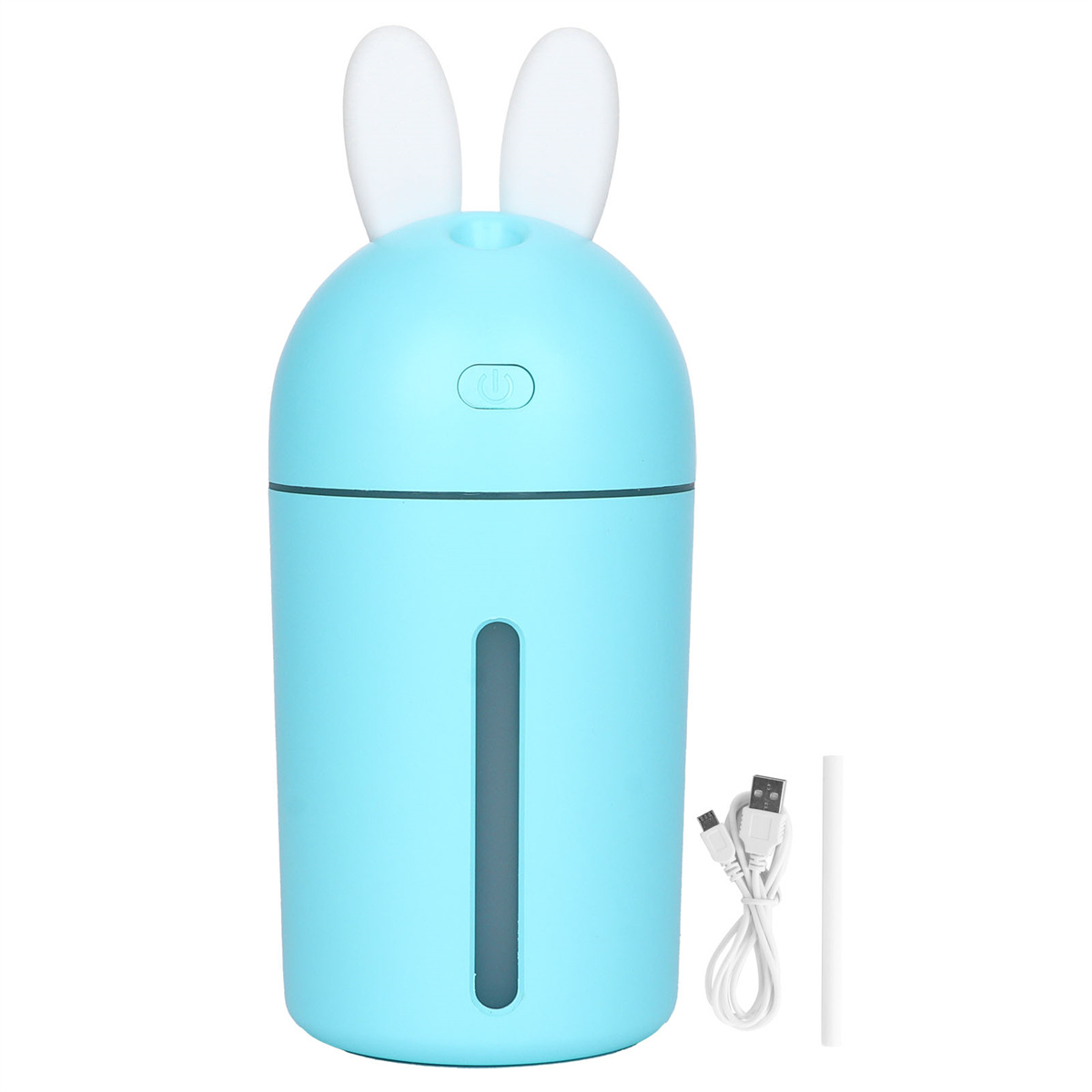 Blauer Hasen-Luftbefeuchter mit weißen Ohren, USB-Kabel und einem Ein-/Aus-Knopf.
