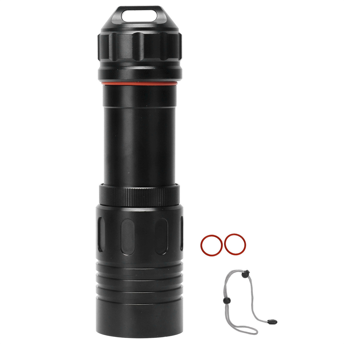 Schwarze Taschenlampe mit roten Ringen und Schlüsselband.